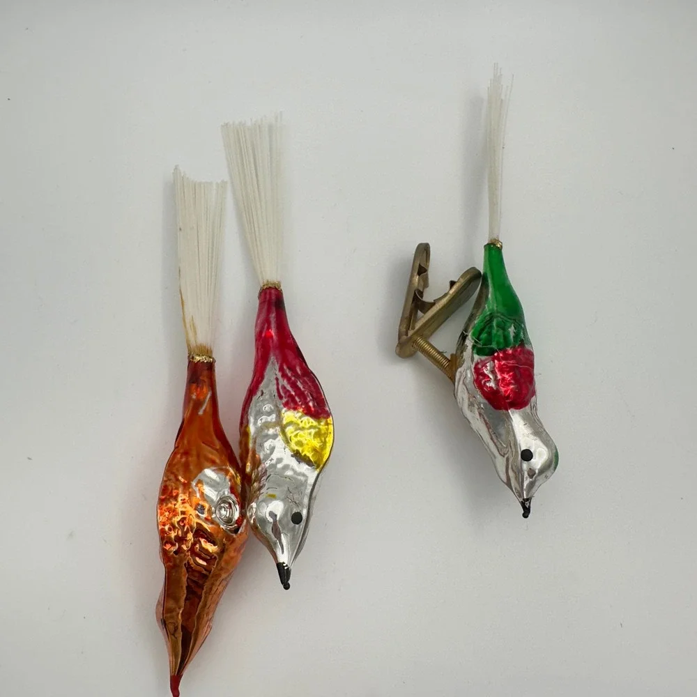 Vintage Mercury Glass Bird Christmas Ornaments Tails Set of 5 - 2 missing clips